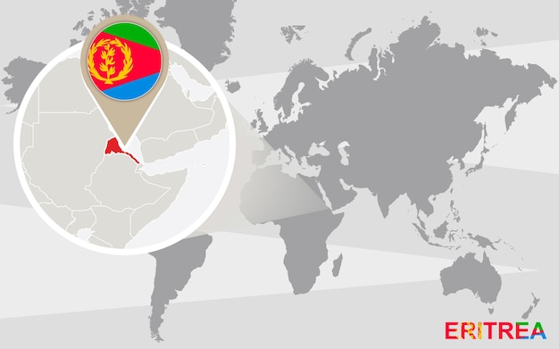 world map with magnified eritrea. eritrea flag and map.