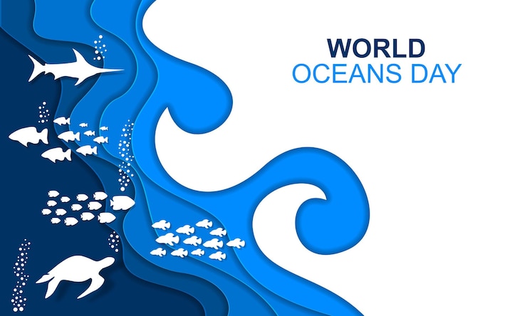 Vektör world ocean day cover banner paper cut swimming fish underwater sea background vector