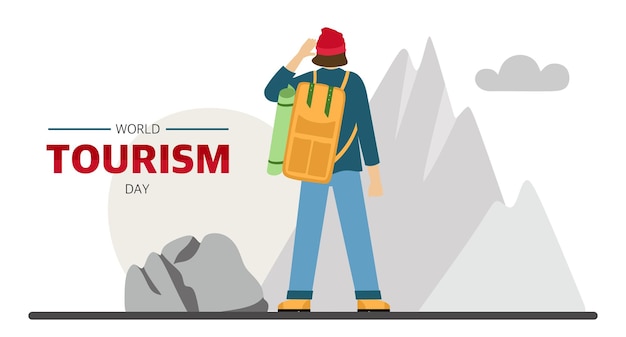 World Tourism Day banner for the holiday A male traveler is engaged in hiking Hiking with a backpack