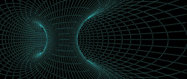 Wormhole wireframe structure Neon geometric dotted outline grid tunnel backdrop 3D funnel or vortex