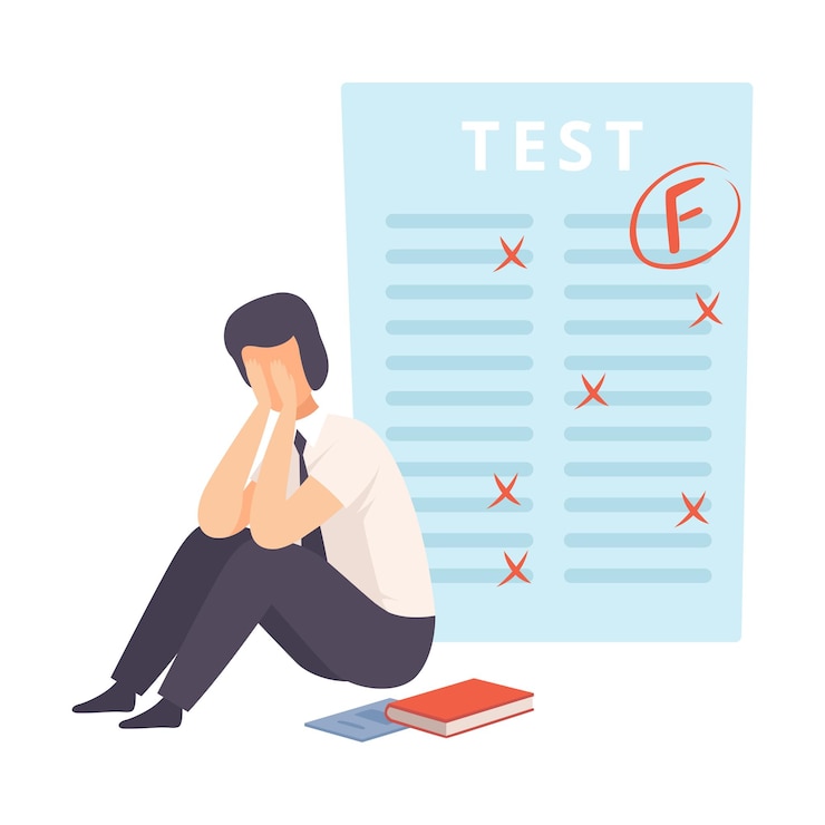 Vektor worried upset student sitting on floor teen boy disappointed over his test results with score f vector illustration on white background