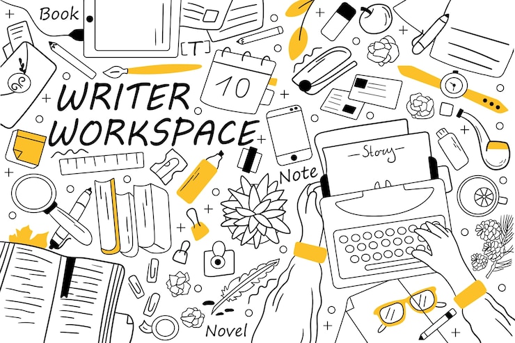 Vektor writer workspace doodle set. collection of hand drawn sketches doodles.