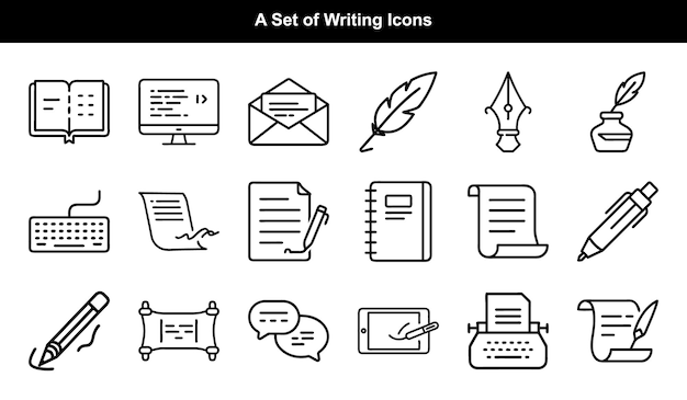 writing and authoring icon set with computer pen quill tablet line art