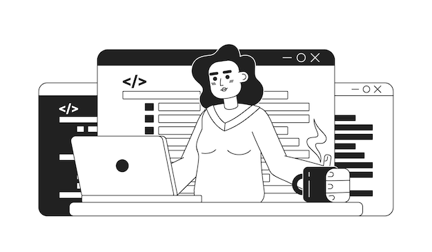 Writing code job black and white concept vector spot illustration