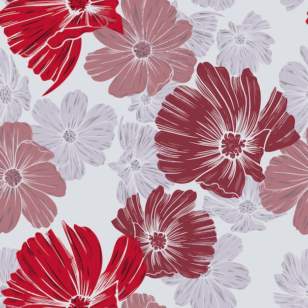 xABurgundy cosmos flowers on a gray background Hand drawn floral seamless pattern Vector design