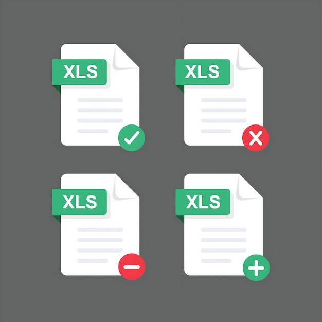 xls file icons with check cross plus and minus symbols