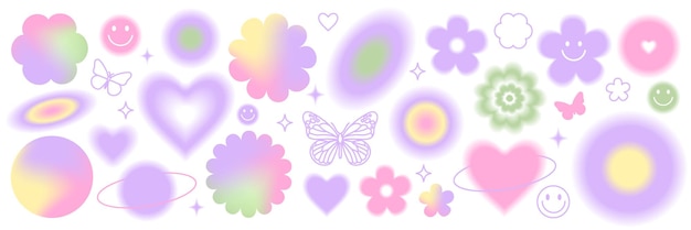 y2k blurred gragient set butterfly heart daisy abstract shape in 90s 00s psychedelic style