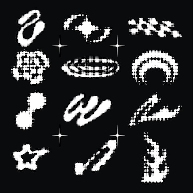y2k dotted halftone icons collection of abstract pixelated shapes retro vector symbol set