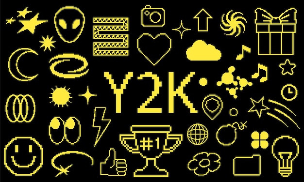 Y2k icon pixel art Game element retro Arrow frame face emoji snake and star Vintage 90s design geometric acid shapes acid style Universal geometric shapes Vector graphic elements