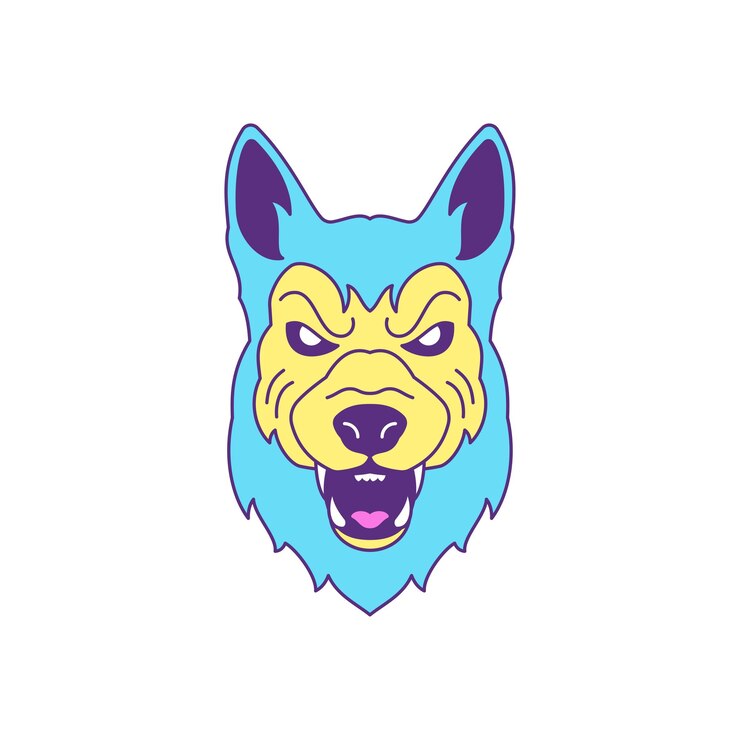 Vektör y2k psychedelic kızgın kurt ağzı çizgi roman karakteri groovy stil ikonu vektör düz illüstrasyon agresif vahşi köpek yırtıcı hayvan kafası funky moda tişört baskısı için etiket