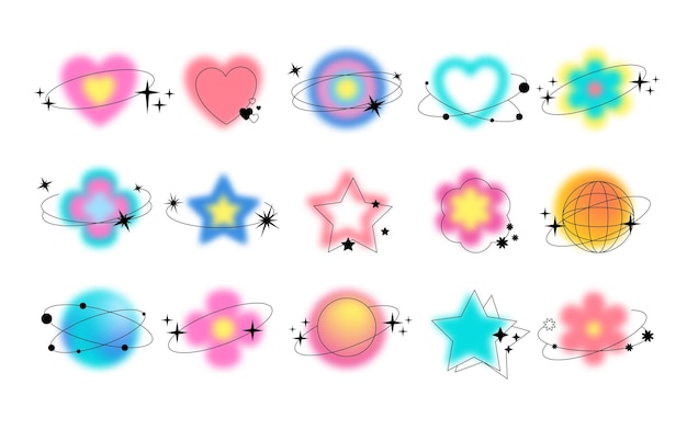 y2k shapes love heart and star gradient flower planet space orbits aesthetic stickers line retro figure blur aura vintage geometric icons vector abstract design elements set
