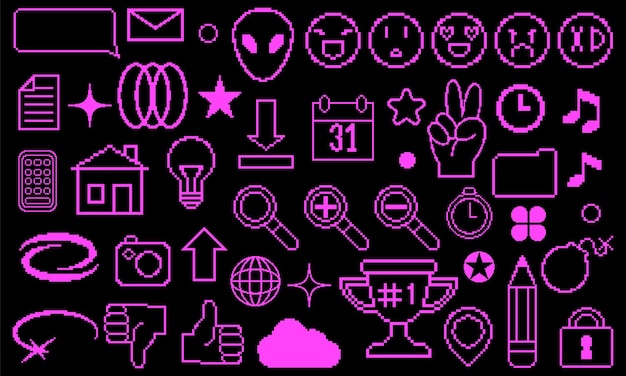 Y2k shapes Pixel icon 90s interface Geometric sticker Memphis style Simple arrow and magnifier 8bit emoji Minimal UI symbol Document folder Vector vintage graphic elements set