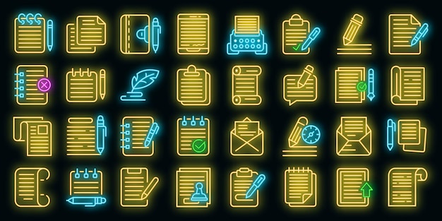 Yazma ikonları seti vektör neon