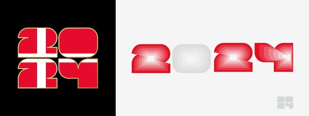 Year 2024 with flag of Denmark and in color palate of Denmark flag Happy New Year 2024 in two different style