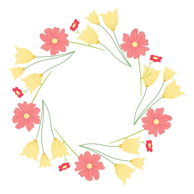 Yellow and red circular frame decorated with elegant tulips and other flowers Abstract botanical