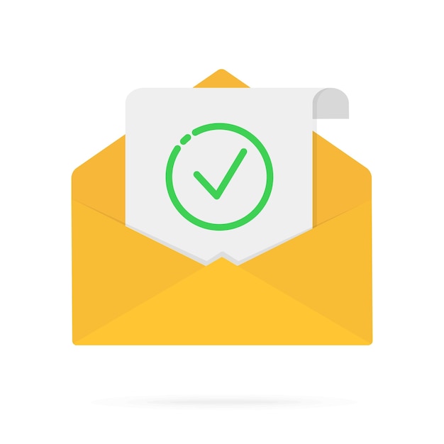 yellow envelope new mail with sheet of paper and green tick flat design illustration