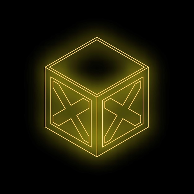 Yellow neon cube glowing on black background