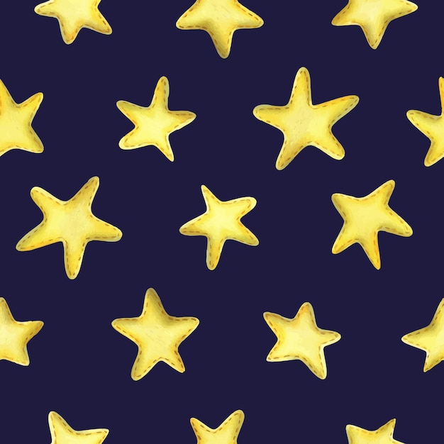 Yellow stars sewn from fabric with thread stitches watercolor illustration hand drawn seamless