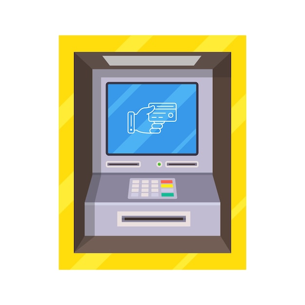 Yellow street ATM teller machine Hand holding card on screen Vector illustration