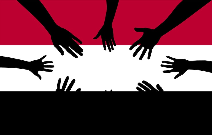 Vektör yemen halkının el ele tutuştuğu vektör silueti, birlik veya destek fikri