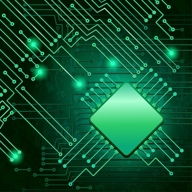 Vektör yeşil arka planda modern bir elektronik devre çizimi