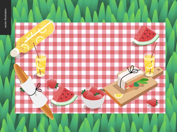 Vektör yeşil çimen şablonunda piknik ekose ve atıştırmalık