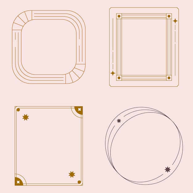 Yıldızlı farklı çerçeveler koleksiyonu. Minimalist doğrusal çerçeveler, kemerler, geometrik ögeler