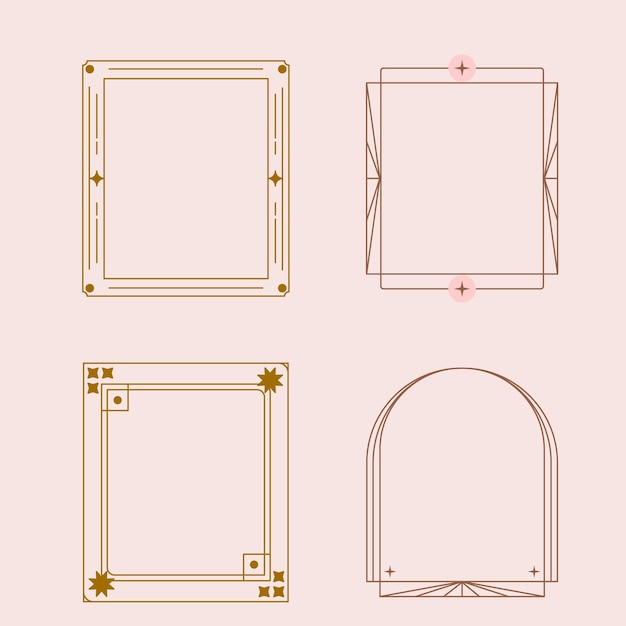 Yıldızlı farklı çerçeveler koleksiyonu. Minimalist doğrusal çerçeveler, kemerler, geometrik ögeler