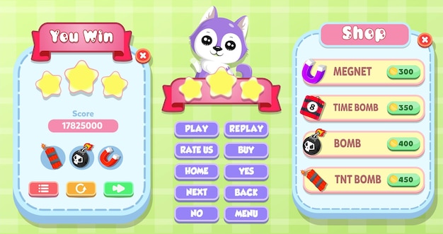 You Win and Shop Menu Pop Up with Cute Cat, Magnet and Bomb Game Icons