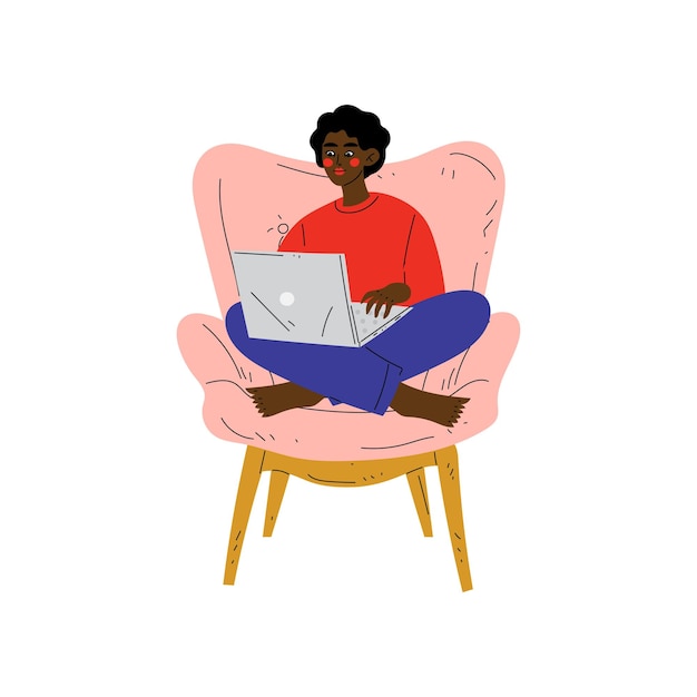 young african american woman sitting in armchair using laptop computer girl working or relaxing at home using computer vector illustration on white background