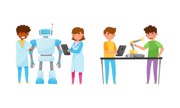 young boy and girl at table engineering and configurating robot with tablet vector set