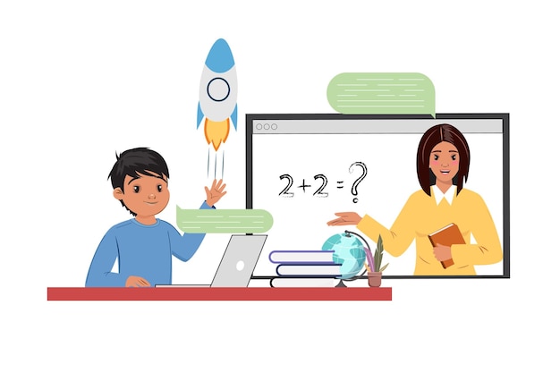 Young boy studying at desk with laptop and books teacher in the screen teaching math