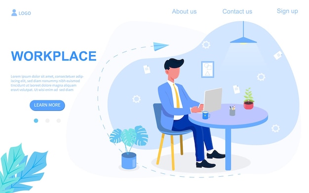 Young businessman sitting at the round table and working on laptop in office flat vector