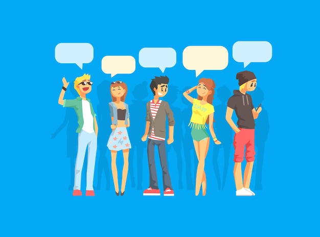 Young Fashionable People with Speech Bubbles Girls and Guys Communicating with Each Other People and Their Thoughts Vector Illustration