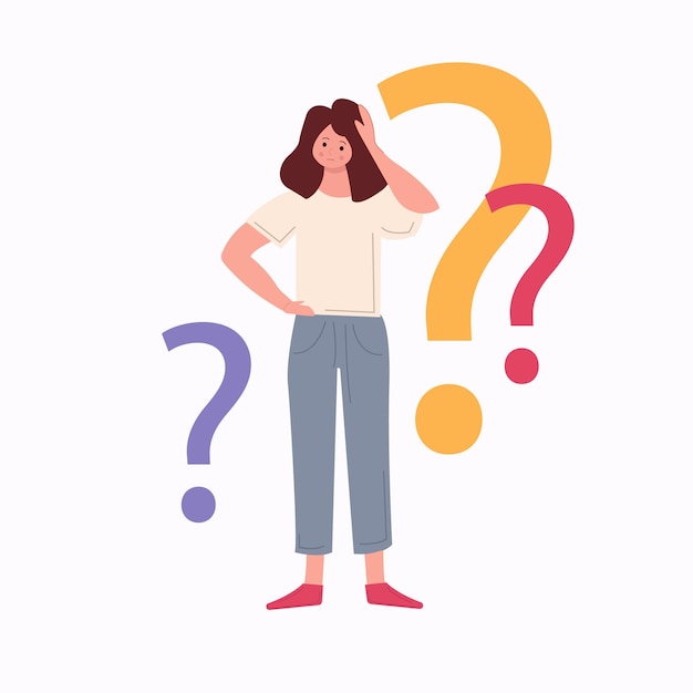 Young girl surrounded by a question mark Young woman doubts and questions everything