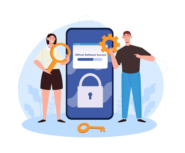 Young male and female characters are gaining official software access together woman holding digital