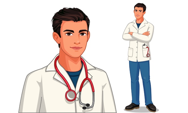 young male doctor with stethoscope and apron in standing position illustration 1