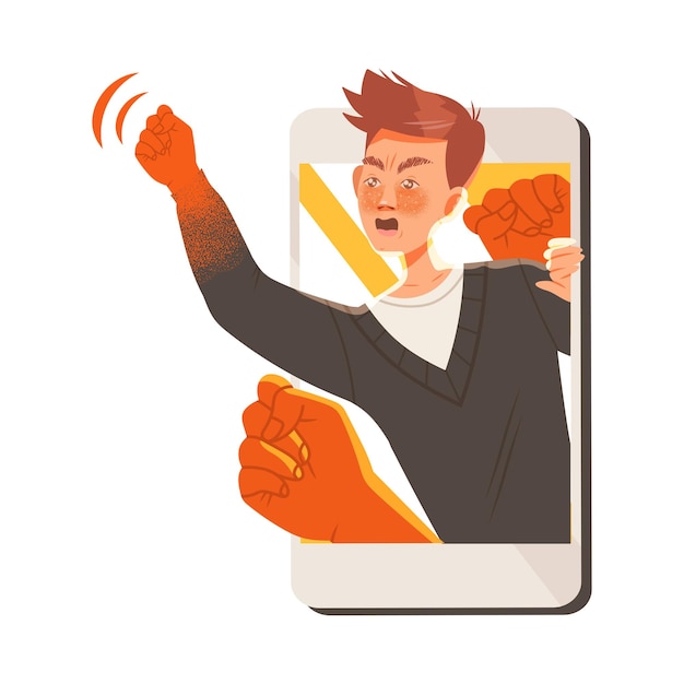 young male showing clenched fist feeling agression and hatred engaged in cyberbullying vector
