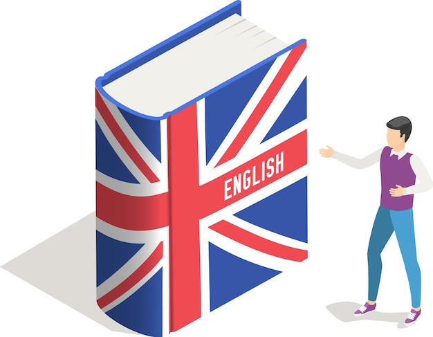 young man is showing a large textbook with the flag of the united kingdom and the word english written on its cover representing the concept of learning the english language and british culture