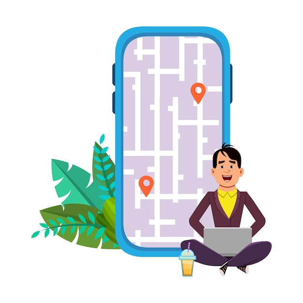 young man sitting outdoor or checking routes and location. using computer and mobile application with map .