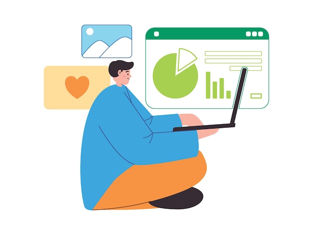 young man sitting with laptop technology modern work business and chart graphic diagram