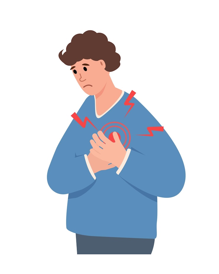 Vektör young man suffering from chest pain heartache heart attack symptoms healthcare disease concept