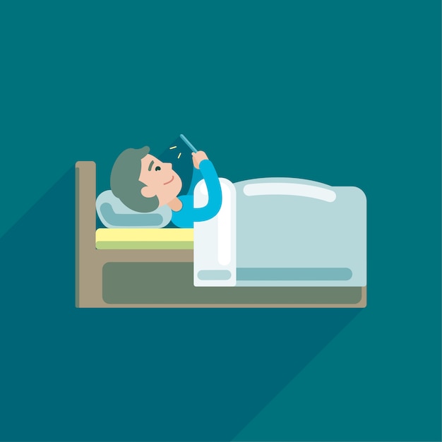 Young man using texting on smartphone in bed