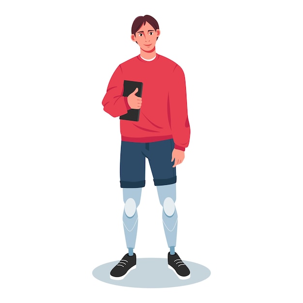 Young man with prosthetic legs holding a tablet vector illustration