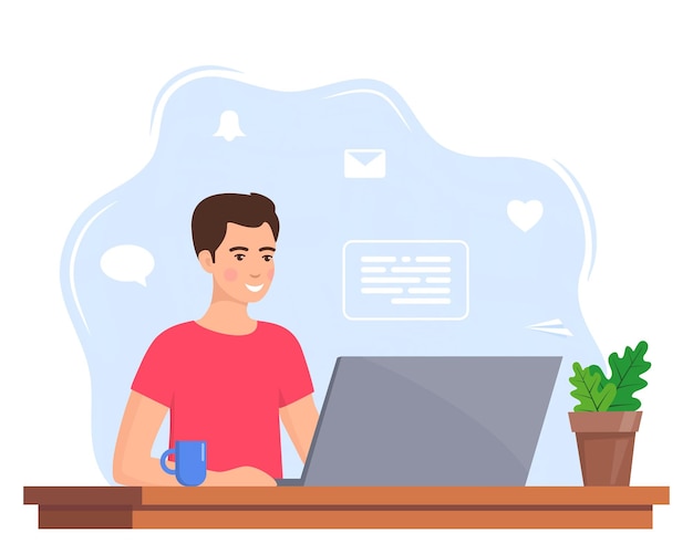 Young man working on laptop at home office Freelancer at work remote work