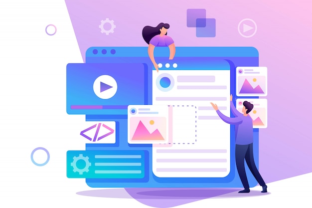 young people are engaged in web design, website page development. flat character. concept for web design