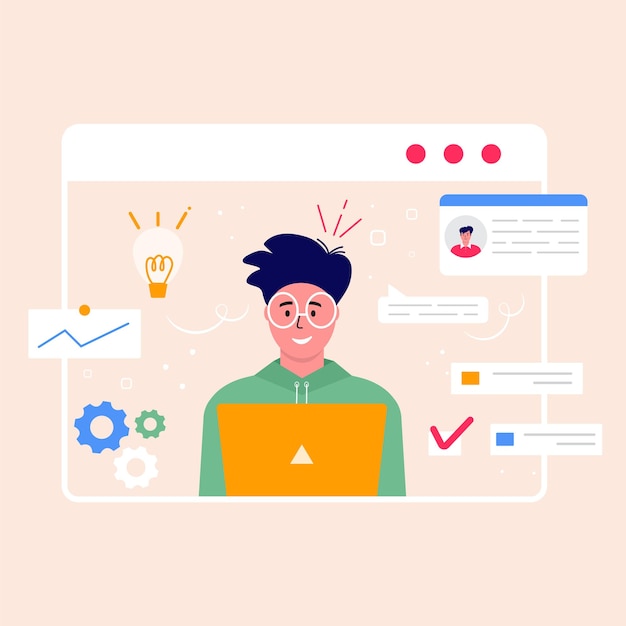 Young smiling man working on the project. Business concept, topics, project solutions, landing web page template for report, flyer, marketing, leaflet, advertising, brochure, Trendy vector style.
