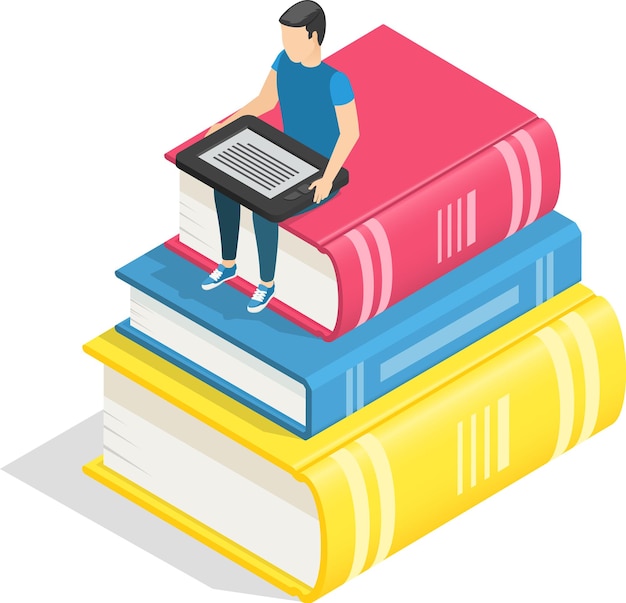 Young student reading an e book while sitting atop a stack of oversized books embodying the essence of online education and e learning in a vibrant isometric design