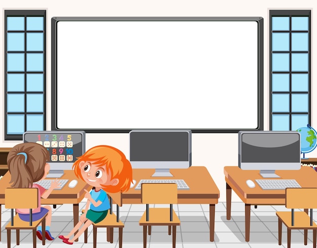 Young student using computer in the classroom scene