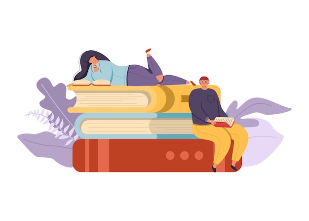young stylish man and woman are sitting and lying on a stack of giant books and reading